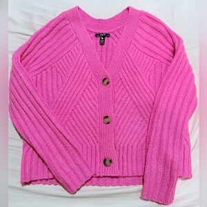 Aqua Women Cardigan Sweater Pink V-Neck Button Knit Robbed Long Sleeve Small